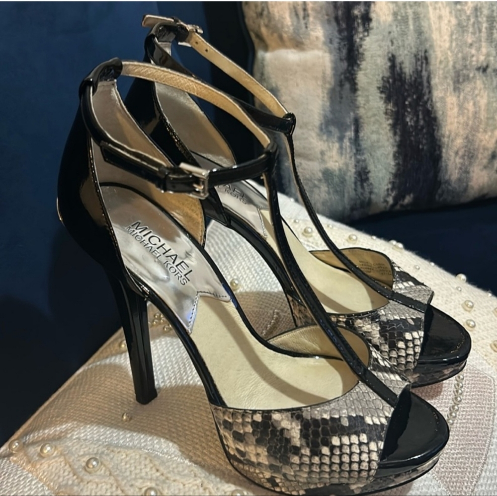 Michael Kors Black Patent Leather And Snake Skin Heels